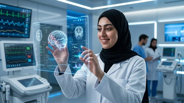 طبيبة عربية تتفاعل مع هولوغرام لمسح الدماغ في المختبر