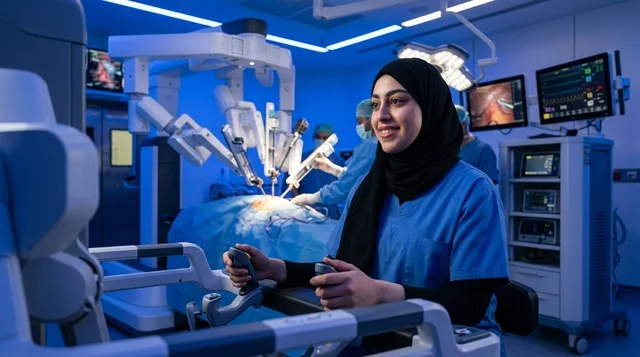 Arab Female Surgeon Operating Robotic Surgery Console