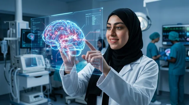 طبيبة عربية تحلل نموذج دماغ هولوغرافي في المختبر