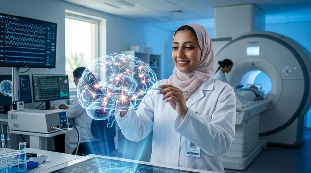طبيبة عربية محجبة تتفاعل مع هولوغرام الدماغ البشري