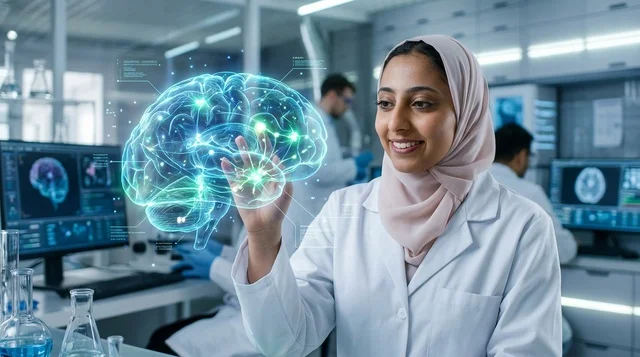 عالمة عربية محجبة تتفاعل مع هولوغرام الدماغ في المختبر