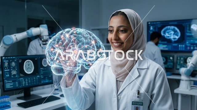 عالمة عربية محجبة تتفاعل مع هولوغرام الدماغ في المختبر