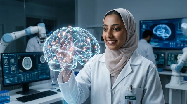 عالمة عربية محجبة تتفاعل مع هولوغرام الدماغ في المختبر عالمة عربية محجبة تتفاعل مع هولوغرام الدماغ في المختبر