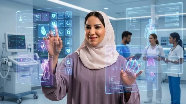 طبيبة عربية تتفاعل مع شاشة هولوغرام طبية في المستشفى