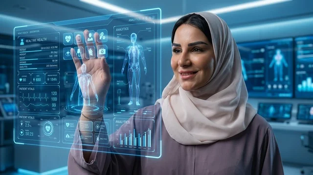 امرأة إماراتية تتفاعل مع شاشة طبية هولوغرامية