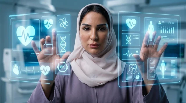 طبيبة إماراتية تستخدم شاشة هولوغرام طبية مستقبلية