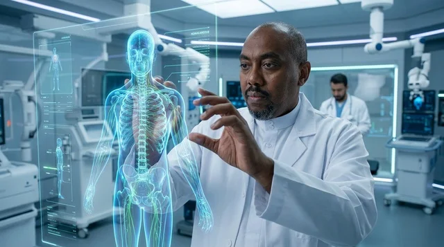 A Saudi doctor interacts with a holographic model of the human body.