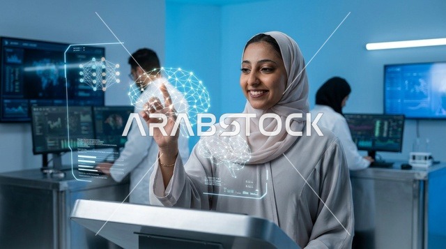 عالمة إماراتية في مختبر طبي حديث مع هولوغرام الدماغ