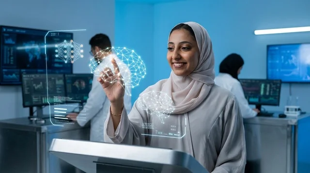 عالمة إماراتية في مختبر طبي حديث مع هولوغرام الدماغ