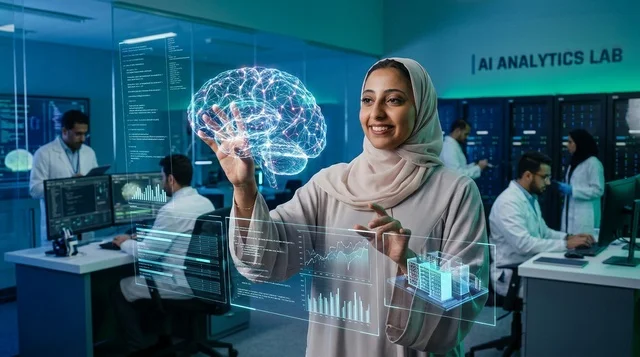 عالمة إماراتية في مختبر الذكاء الاصطناعي مع هولوغرام الدماغ