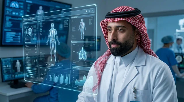 طبيب سعودي يحلل البيانات على شاشة هولوغرام