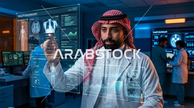 طبيب سعودي يحلل البيانات على شاشة هولوغرام