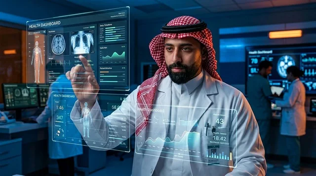 طبيب سعودي يحلل البيانات على شاشة هولوغرام