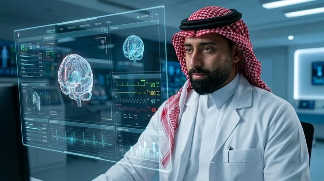طبيب سعودي يحلل مسح الدماغ ثلاثي الأبعاد بالهولوغرام