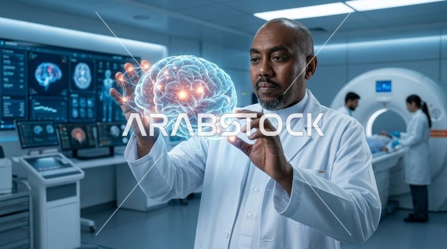 طبيب سعودي يفحص مجسم ثلاثي الأبعاد للدماغ في المختبر