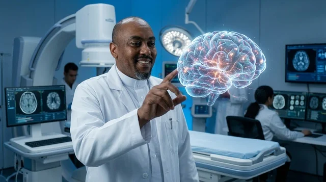 طبيب سعودي يتفاعل مع هولوغرام الدماغ في المختبر