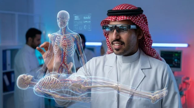 طبيب سعودي يفحص نموذج تشريح هولوغرام ثلاثي الأبعاد