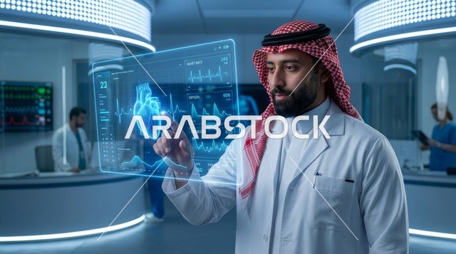A Saudi doctor analyzes data on a hologram screen.