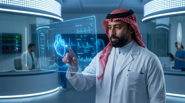 طبيب سعودي يحلل البيانات على شاشة هولوغرام