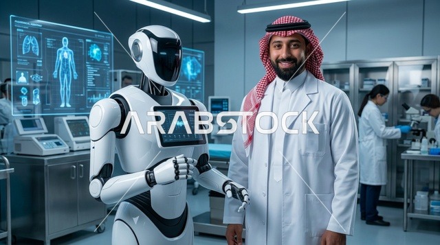 طبيب سعودي مع روبوت بشري متطور داخل مختبر طبي حديث