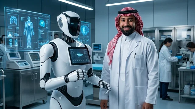 Saudi Doctor with Humanoid Robot in Medical Laboratory