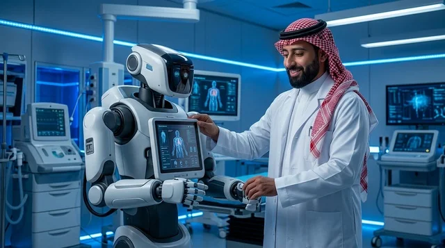 Saudi Doctor with Medical Robot in Futuristic Hospital