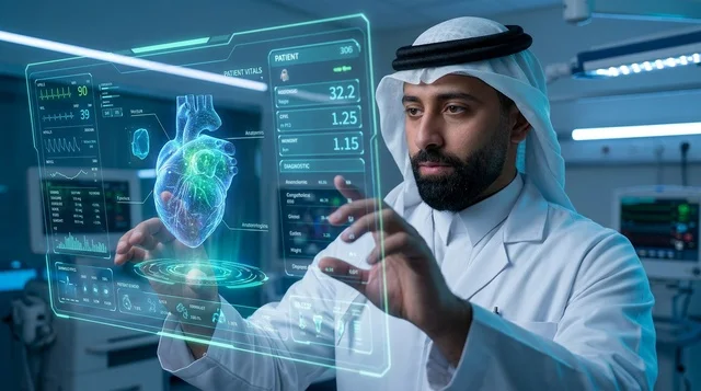 طبيب سعودي يتفاعل مع واجهة هولوغرام لقلب بشري ثلاثي الأبعاد