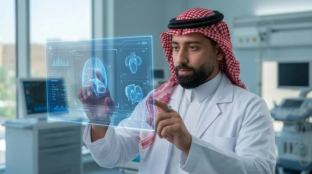 Saudi Doctor Interacting with Medical Hologram Screen