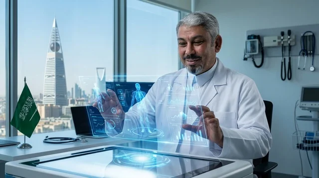 طبيب سعودي يتفاعل مع هولوغرام طبي في مكتبه بالرياض