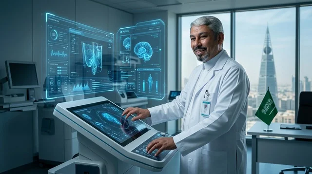 طبيب سعودي في الرياض مع تقنيات طبية هولوغرامية حديثة