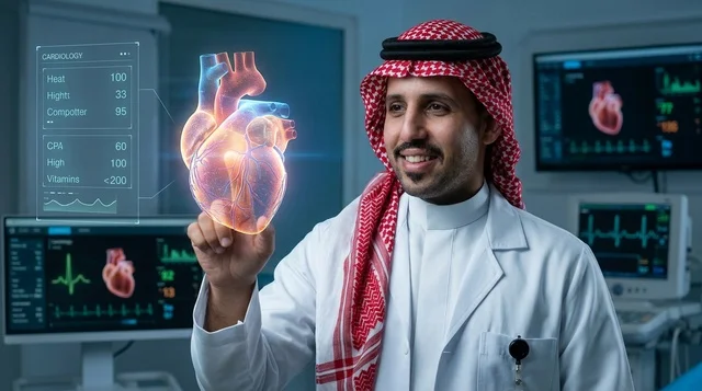طبيب سعودي يتفاعل مع هولوجرام لقلب بشري في مختبر طبي حديث