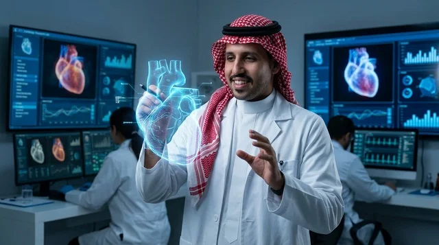 طبيب سعودي يتفاعل مع هولوغرام قلب ثلاثي الأبعاد