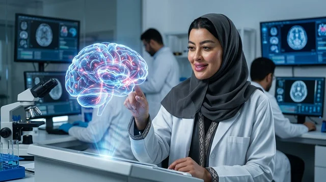 Saudi Female Scientist with Human Brain Hologram in Lab