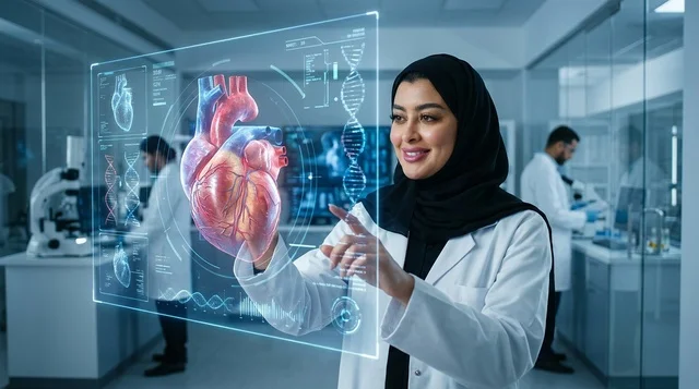 Saudi Female Scientist Interacting with Hologram Heart