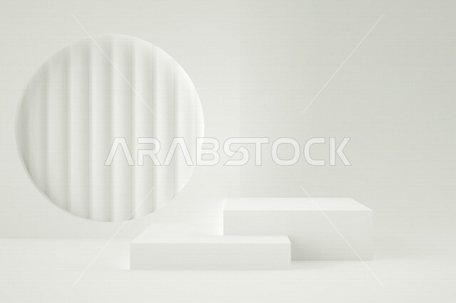 بورتريه لحائظ ابيض ثلاثي الأبعاد مع مسرح لعرض المنتجات ، خلفية بيضاء ، فن تصوير المنتجات بشكل إحترافي ، إحترافية التصوير والعرض