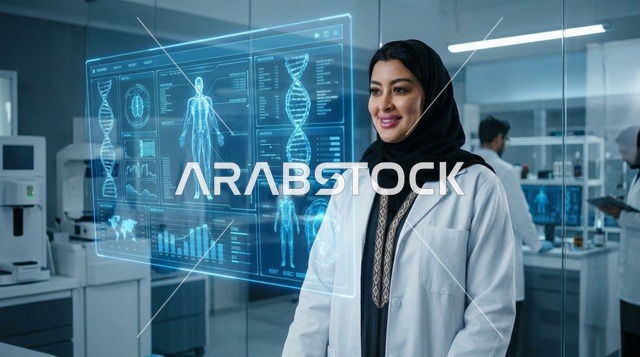 عالمة سعودية تبحث في مختبر طبي مع شاشة هولوغرام