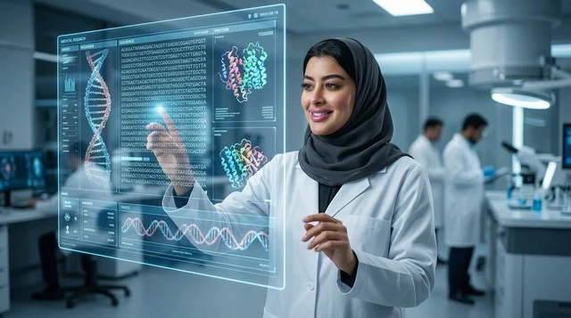 عالمة سعودية مع شاشة هولوغرام رقمية في المختبر