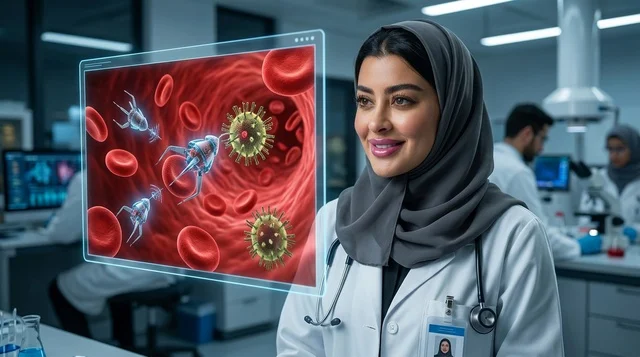 طبيبة سعودية مع شاشة هولوغرام طبية داخل مختبر حديث