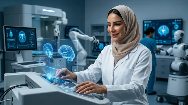 An Arab doctor examines a holographic heart model in the laboratory.
