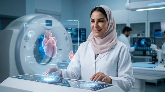 طبيبة عربية تفحص نموذج قلب هولوغرافي في المختبر