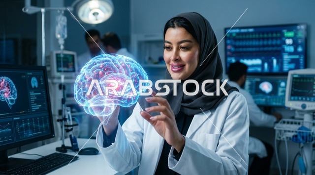 عالمة عربية محجبة تتفاعل مع هولوغرام الدماغ في المختبر