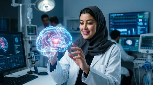 A veiled Arab scientist interacts with a brain hologram in the laboratory.