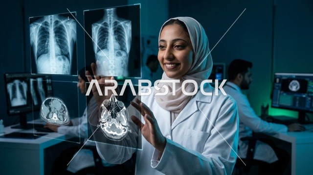 عالمة عربية محجبة تتفاعل مع هولوغرام الدماغ في المختبر