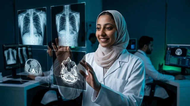 عالمة عربية محجبة تتفاعل مع هولوغرام الدماغ في المختبر