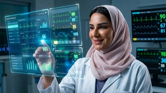 طبيبة سعودية محجبة تتفاعل مع شاشة هولوغرام طبية ذكية