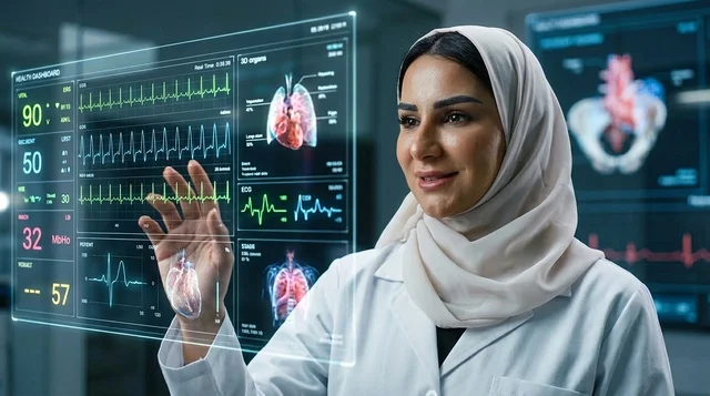 طبيبة سعودية محجبة تستخدم شاشة هولوغرام طبية رقمية حديثة