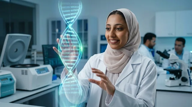 عالمة عربية محجبة مع هولوجرام الحمض النووي في المختبر