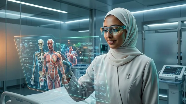 Arab Female Doctor Analyzing Human Anatomy Hologram