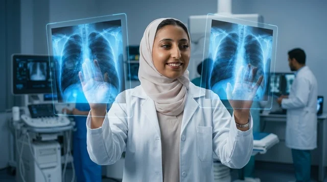 Arab Female Doctor Analyzing Holographic Chest X-Rays