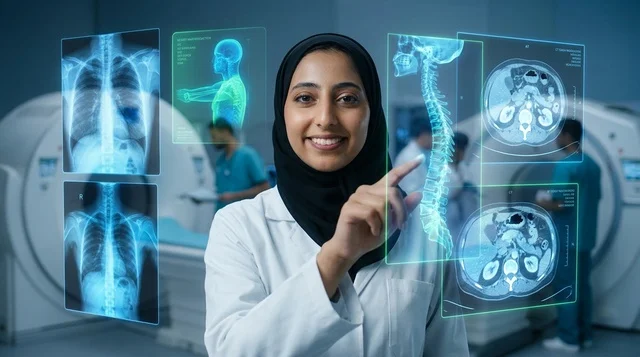 Arab Female Doctor Interacting With Medical Hologram